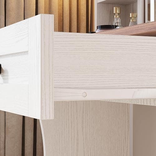 IRONCK Makeup Vanity with LED Lights & Power Outlet, Small Vanity Desk with Adjustable Mirror, 2 Large Drawers and 4 Open Shelves, Farmhouse Vanity with Storage Stool for Bedroom, White thumbnail 8