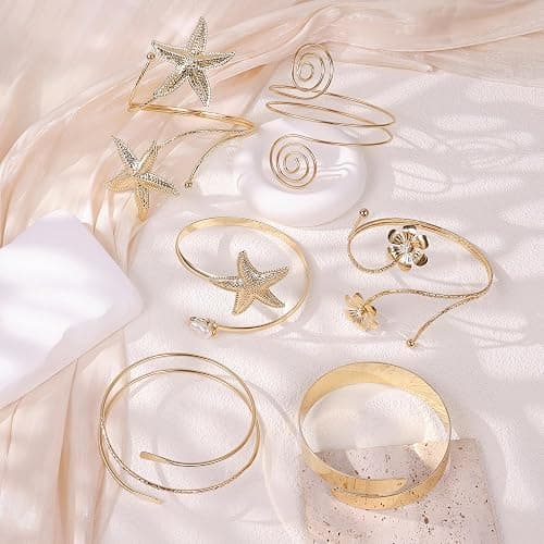 REVOLIA 6Pcs Arm Cuff Bracelets for Women Boho Minimalist Coil Upper Arm Cuffs Starfish Flower Statement Bangle Band Armlet Adjustable Cuff Armband Jewelry Stackable Bracelet Set thumbnail 2