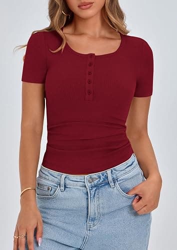 PRETTYGARDEN Women's 2025 Spring Summer Short Sleeve Tops Ribbed Henley Button Slim Fit Basic Casual T Shirts Blouse Clothing - Wine Red - Large thumbnail 7