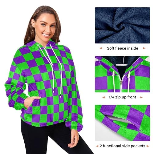 UMIRIKO Purple and Green Buffalo Checkered Womens Sweatshirts Fuzzy Fleece Hoodies Fluffy Coat Zipper Pullover with Pockets S thumbnail 4