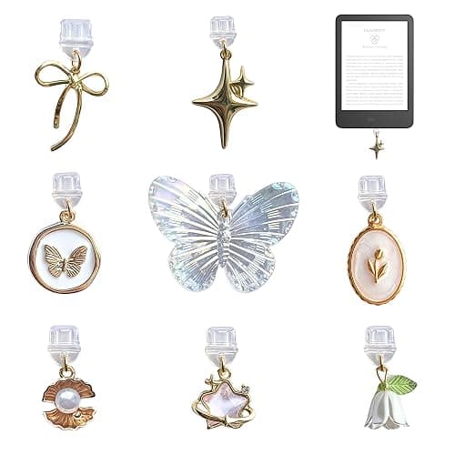 Romukuku 8 Pcs Charms for Kindle, Butterfly Star Bow Flower Design, Compatible with Kindle and Phone Type C Charging Ports - Image 1