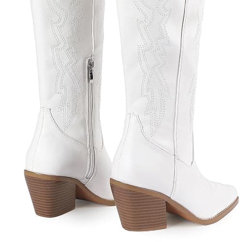 IDIFU IN3 Cowboy Boots for Women Cowgirl Knee High Western Embroidered Booties Side Zipper Low Block Chunky Heel Pull on Pointed Toe Tall Booties Comfy Dress Long Boots thumbnail 5