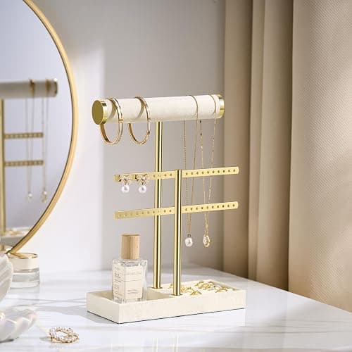 bussdis 2 Tier Bracelet Holder Display - Detachable T Bar Beige Velvet Bracelet Holder, Jewelry Holder Organizer for Bracelet, Necklace, Earrings, Rings thumbnail 7
