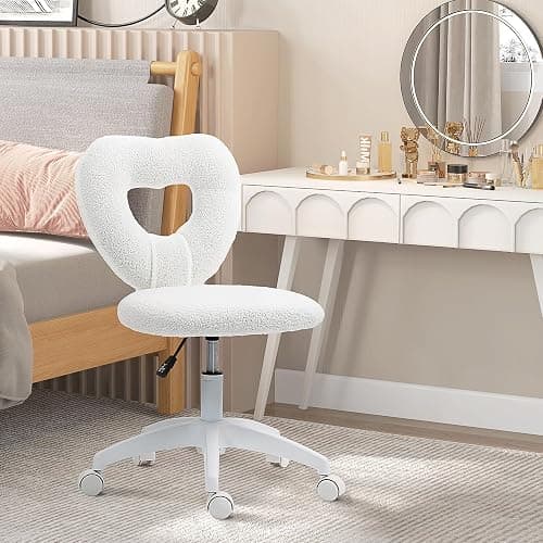HOMCOM Armless Office Desk Chair, Height Adjustable Computer Task Chair, Modern Teddy Fleece Makeup Vanity Chair with Swivel Wheels, White thumbnail 9