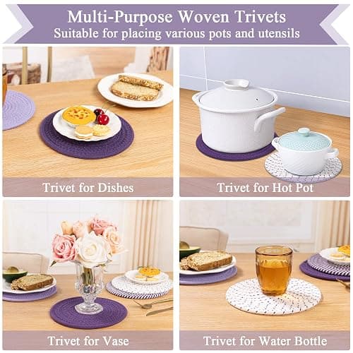 SHACOS 8 Inches Trivets for Hot Dishes, 4 Pieces Cotton Trivets Mats | Hot Pads for Kitchen Countertops and Table, Heat-Resistant Pot Holders for Hot Pots and Pans(Purple, 4pcs) thumbnail 8