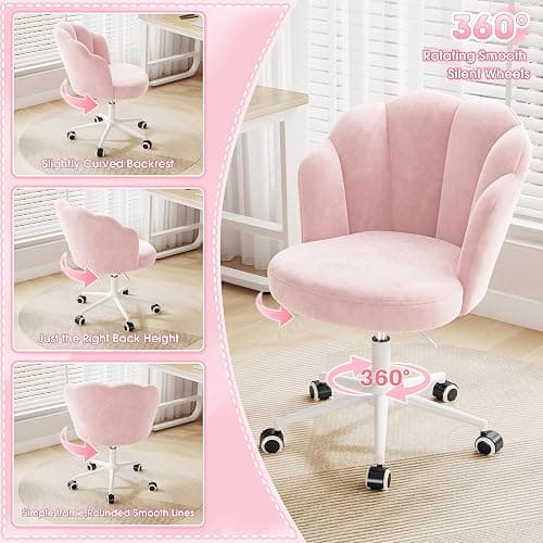 Homkdom Office Vanity Chair with Wheels, Comfy Desk Chair with Back, Armless Home Office Desk Chair Hight Adjustable & 360° Swivel, Makeup Task Chair for Bedroom, Study Room, Blush Pink thumbnail 8