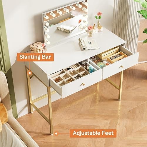 SUPERJARE 31.5" White and Gold Desk with 2 Drawers, Modern Vanity Desk, Small Makeup Table for Home Office Writing Study Bedroom thumbnail 5