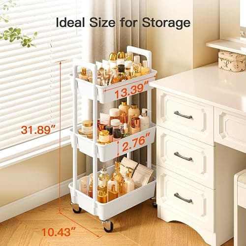 Pipishell 3 Tier Rolling Cart Organizer, Plastic Rolling Cart with Lockable Wheels & Reinforced Handle, Lightweight Utility Cart Storage Cart for Nursery, Kitchen, Bathroom, Craft Room, White, PIUC14W thumbnail 3