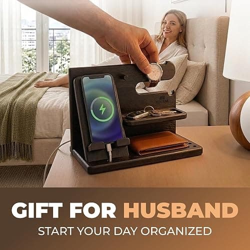 TESLYAR Wood Phone Docking Station for Men - Desk or Nightstand Organizer - Birthday Gifts for Husband, Dad - Anniversary Idea from Wife - Key Holder, Stand Wallet, Watch & Essentials (Bourbon Brown) thumbnail 7