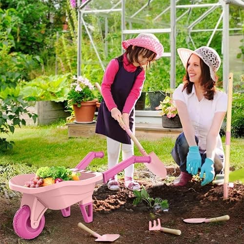 Qtioucp Kids Gardening Set with Wheelbarrow, Real Metal Garden Tools for Kids Ages 3-8, 4 Long Handle Tools, 3 Hand Tool, Gloves, 5 Stickers, Handbook, Outdoor Backyard Toys for Toddler Gift thumbnail 4