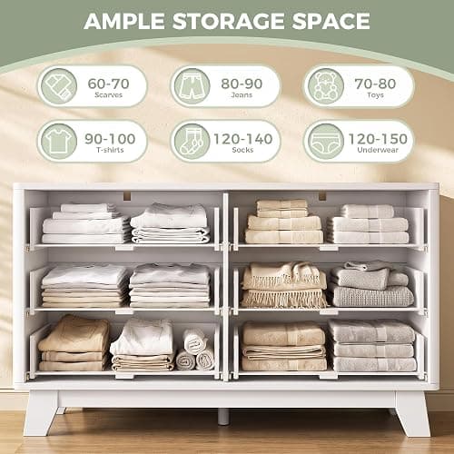 Jocoevol Fluted 6 Drawer Dresser for Bedroom, White | 47" Wooden Chest of Drawers with Curved Profile Design, Modern TV Stand with Metal Handle for Living Room/Hallway thumbnail 5