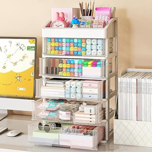 Desk Organizer with Drawers, 5 Drawers Storage Organizer, Desktop Storage Drawers for Office Supplies, Plastic Stationary Organizer, Makeup Organizer, Desk Storage Box for Office, School, Home thumbnail 2