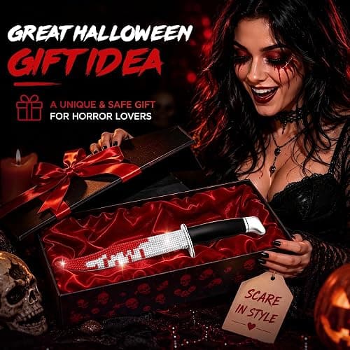 Enhon 1 Pack 13.5" Halloween Bloody Ghost Face Bling Rubber Fake Knife | Soft Flexible Safety Prop with Bedazzled Rhinestones for Horror Prank, Stage Performance & Scary Cosplay Accessories thumbnail 6