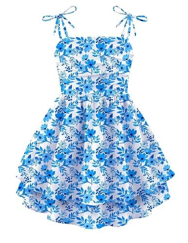 Arshiner Girls Summer Spaghetti Strap Dresses Flowy Tiered Ruched Smocked Back Casual Beach Midi Sundress - Image 1