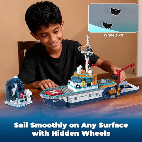 Glikid City Boat Building Set with LED Lights - Arctic Explorer Ship Toy Gift for 8 Year Old Boys and Girls, with Helicopter, Drone, Speedboat, Submersible, Iceberg, and Polar Bears thumbnail 9