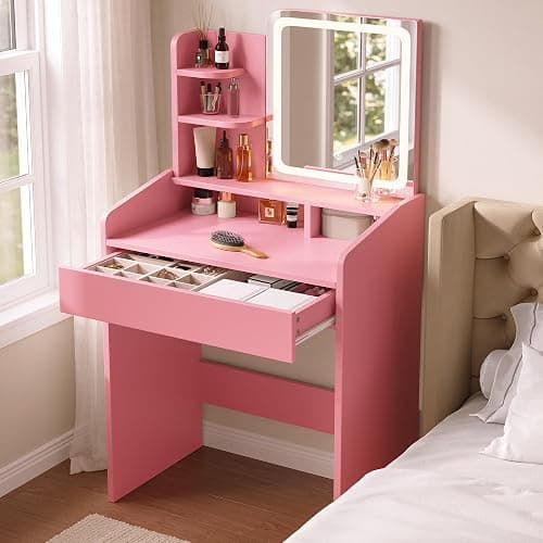 Downing Small Vanity Desk with Mirror and Lights, Makeup Vanity with Drawer & Storage Shelves, Makeup Desk with 3 Lighting Modes & Adjustable Brightness, Dressing Table for Women Girls Bedroom Pink - Image 1