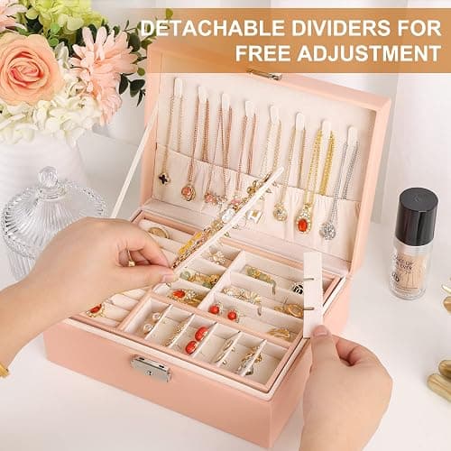 Jewelry Organizer Box, Leather Jewelry Box for Girls Gift Earring Organizer with Lock Double Layers Jewelry Case Removable Tray for Necklace Earring Ring with Polishing Cloth and Jewelry Bags thumbnail 4