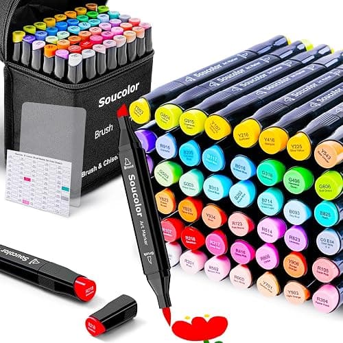 Soucolor 51 Colors Alcohol Markers Brush Tip, Dual Tip Brush & Chisel Alcohol-Based Art Markers, 50 Colors+1 Blender Drawing Coloring Art Supplies for Kids Artists Adults Teen Girl Gifts Trendy Stuff - Image 1