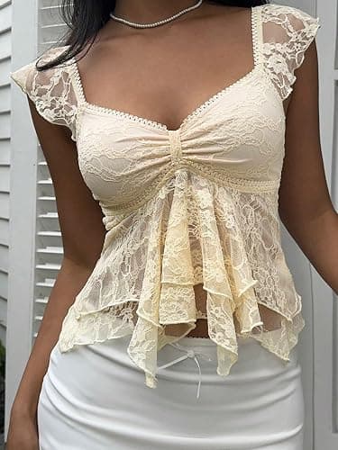 Verdusa Women's Y2k Going Out Tops Floral Lace Cap Sleeve T Shirts Ruched Layered Ruffle Vintage Crop Tops thumbnail 4