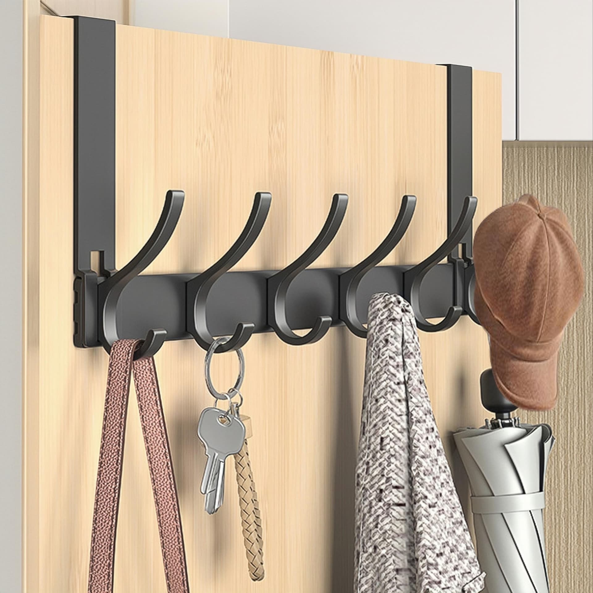 Over The Door Hook Hanger with 6 Double Coat Hooks Over The Door, Over The Door Towel Rack, Towel Rack Behind Bathroom Bedroom Closet Door for Hanging Clothes, Towels, Hats, etc. (Matte Gray) thumbnail 7