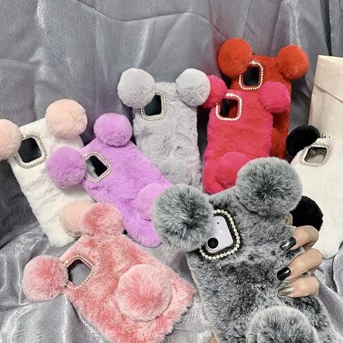 LUVI Compatible with iPhone 12 Plush Furry Case Fuzzy Fluffy Ball Rabbit Faux Fur Hair Cute Cartoon Bear Ear with Bling Glitter Diamond Camera Protection Cover Luxury Fashion Case Pink thumbnail 6