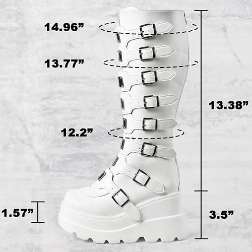 CELNEPHO Women Goth Platform Knee High Boots Wedge Punk Combat Y2K Boots | 3.5'' platform wedge heel, side zipper, knee high shaft, multi metal buckle straps, halloween punk goth style, round toe thumbnail 5