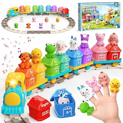 Electric Train Set for Toddler with Farm Animals, Music & Lights, Ages 2-4 | Montessori Self-moving electric train set, 37 PCS with 8 numbered barns and animal finger puppets for counting and sorting - Image 1