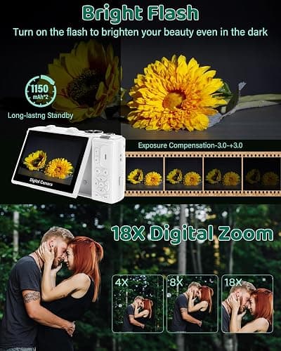 5K Digital Camera - WiFi 75MP Cameras for Photography - UHD Vlogging Camera for YouTube with 3" 180° Flip Screen - Autofocus Compact Video Travel Camara with 18X Zoom, 32GB SD Card, 2 Batteries thumbnail 4