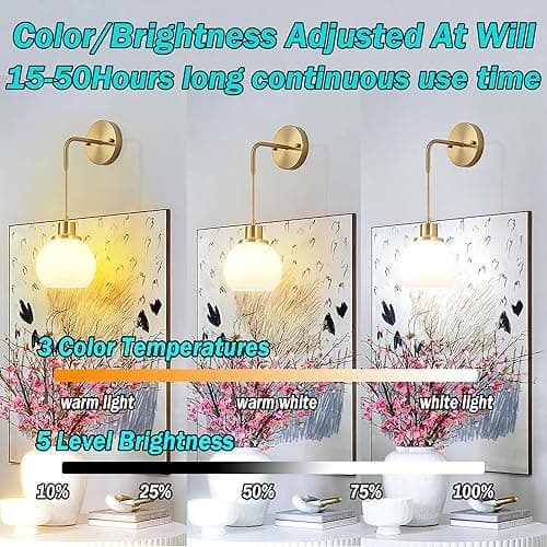 Wall Sconces Set Of Two Battery Operated Sconces With Remote,Rechargeable Wall Sconce Non Hardwired UP To 50 Hours Long Life,Globe Glass Wall Sconce With RGB light Bulb For Bedroom Living Room - Brass thumbnail 5