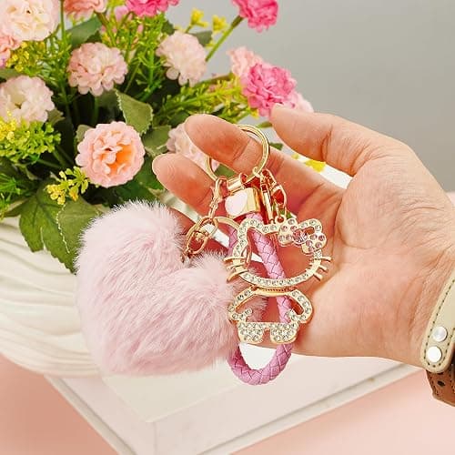 Bling Keychain for Women，Kawaii Heart Pom Pom Keychain， Versatile Accessory for Backpacks, Handbags, and Car Keys thumbnail 7