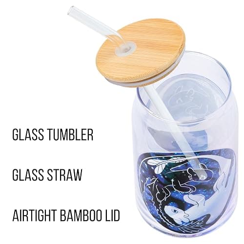 Silver Buffalo How to Train Your Dragon Ying and Yang Featuring Toothless and Light Fury Glass Jar Tumbler with Bamboo Lid and Glass Straw, 16 Ounces thumbnail 4