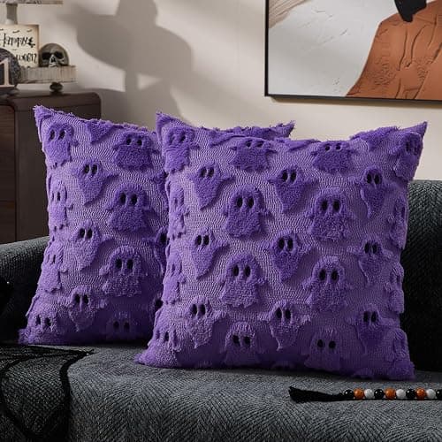 DFXSZ Halloween Pillow Covers 18x18 inch 2Pcs Purple Halloween Decor | Halloween Decorations Set of 2 Throw Pillow Cases Plush Faux Fur Wool Cushion for Chair Sofa Bedroom Living Room Home Decor - Image 1