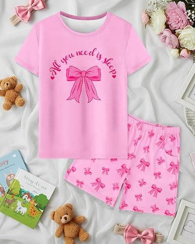 Sylfairy Girls Pajamas Sets Short Sleeve Summer Pjs for Girls Bow Sleepwear Kids Clothes Sets Size 3-16 thumbnail 3