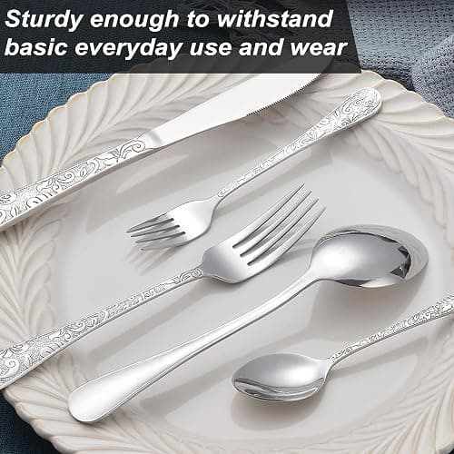 Runfly Vintage Carved Stainless Steel 20 Pieces Flatware Set, Silverware Set, Modern Embossed Cutlery Set Utensils Including Fork Spoon and Knife thumbnail 5