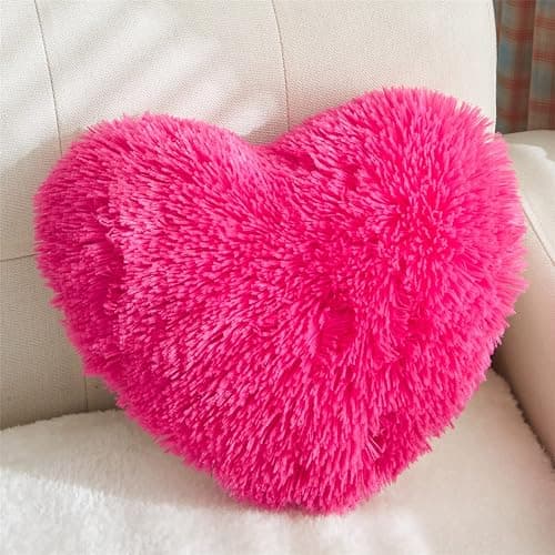 MOOWOO Fluffy Faux Fur Heart Throw Pillow for Valentine's,Mothers Day,Sherpa Plush Fluffy, Solid Color, Heart Shape Pillow for Girls,Hot Pink Love Throw Pillow (Rose Red) - Image 1