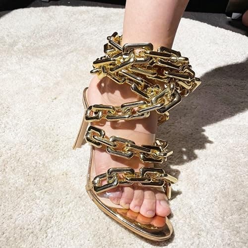 Frankie Hsu Luxury Women's Ankle Leg Lace Up Gold Link Chain Clear PVC Strappy Stiletto Round Toe High Heeled Sandals thumbnail 4