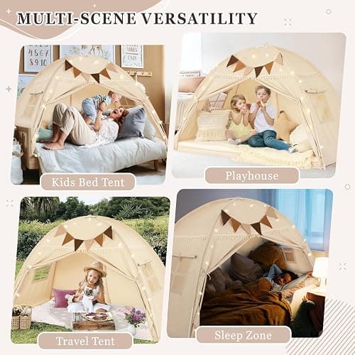 Twin Size Bed Tent Canopy, Kids Play Tent with Flags & Star Lights, Canopy on Bed Privacy Space Sleeping Blackout Tents, Indoor Breathable Portable & Foldable, Girls & Boys Gifts, Cream Tassels Style thumbnail 3