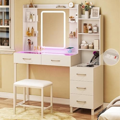 HUAHUU Vanity Desk with Mirror and LED Lights, 43" Makeup Vanity with Glass Top & Wireless Charging, Vanity with RGB Drawers, 3 Colors Light, Power Outlet Safety Switch for Bedroom, White - Image 1