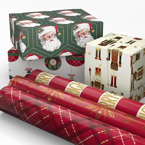 Hallmark Christmas Wrapping Paper Rolls with Cutlines on Reverse (6 Rolls: 150 Sq. Ft. Total) Santa Claus, Nutcrackers, Plaid, Snowflakes, Ornaments thumbnail 8