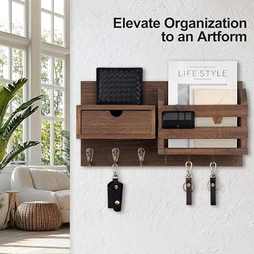 Lwenki Wall Mount Key Holder with Mail Organizer, 100% Paulownia Wood, 7 Metal Hooks, Storage Drawer, Entryway Home Decor (Brown) thumbnail 4