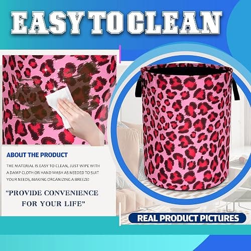 Pink Leopard Skin Laundry Basket Foldable Oxford Cloth Hamper 18.9x16.5 In | With Handle Large-Capacity Portable Clothes Storage Basket For Bathrooms, Laundry Rooms, Bedrooms，Living Rooms thumbnail 8