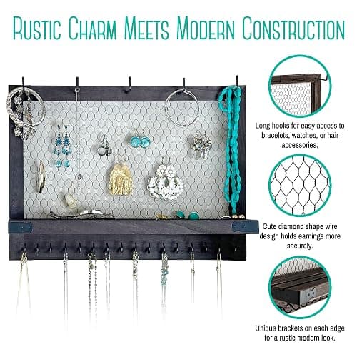 OUTSHINE Large Farmhouse Wall Jewelry Organizer (Espresso) | Wall Organizer For Earrings, Necklace, Bracelet, Hair Accessories | Chicken Wire Earring Holder | For Women, Wife, Mom, Girlfriend thumbnail 4