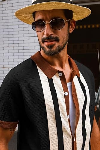PJ PAUL JONES Mens Polo Shirts Vintage Striped Button Down Knitted Golf Shirts thumbnail 2
