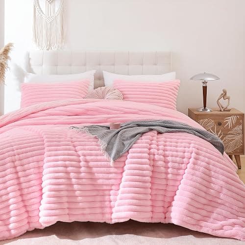 Smoofy Fluffy Queen Comforter Set 3 Pieces - Pink Fleece Fluffy Comforter Set, Luxury Fuzzy Queen Bedding Set, Soft Warm Bed Set All Season, Heavy Faux Fur Comforter with 2 Pillow Cases - Image 1