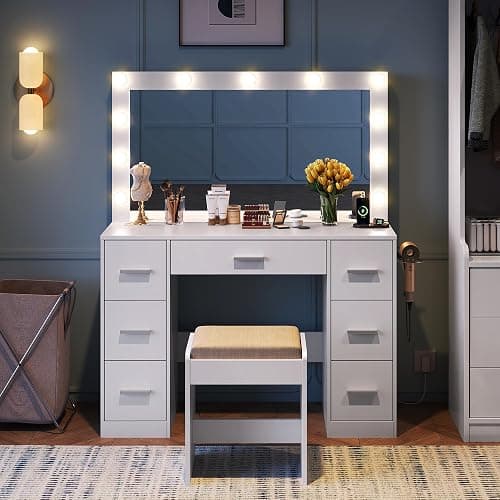 WLIVE White Vanity Desk with Large Mirror and Lights, Makeup Table w/7 Drawers & Power Outlets, Modern Vanity Table Set with Chair, Dressing Table for Bedroom Dressing Room Girl thumbnail 8