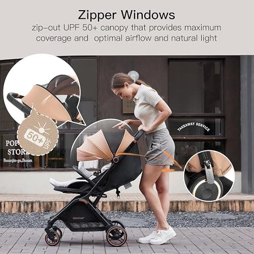 Gromast Gravity Folding Baby Stroller - Portable Travel Toddler Stroller w/Adjustable Backrest, Canopy & Cup Holder, Lightweight and UV Protected, One-Hand Automatic Folding - Khaki thumbnail 4