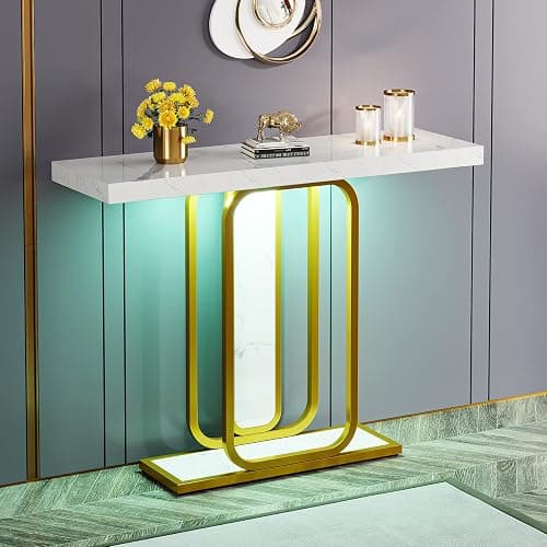 Tribesigns Modern Gold White Console Table with LED Lights, 41.3 Inch Entryway Hallway Foyer Accent Table with Faux Marble Veneer for Living Room, Entrance - Image 1