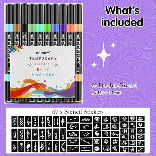 Ponhey Temporary Tattoo Markers for Skin, 36 Body Markers+67 Large Tattoo Stencils,Dual-End Tattoo Pens,Fine Lines with Cosmetic-Grade,Flexible, Skin-Safe Face Paint Kit for Kids Teenage Adults thumbnail 7
