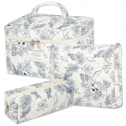 senbowe Floral Makeup Bag, 3 Pack Large Cotton Quilted Makeup Bag Set, Cute Floral Coquette Aesthetic Toiletry Bag Make Up Cosmetic Bag for Women, Toiletry Travel Make Up Organizer Bag - Image 1