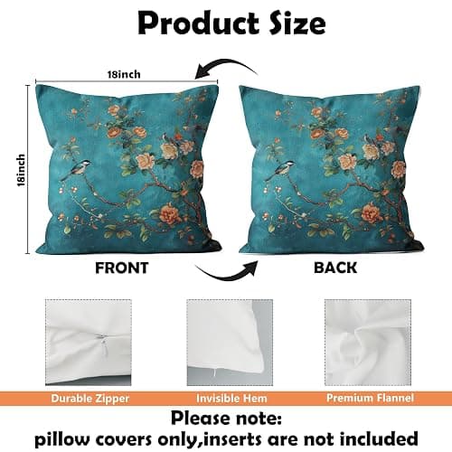 WDSFHYJK Teal Chinoiserie Floral Bird Pillow Covers 18x18, Cottagecore Room Decor, Rustic Farmhouse Flower Bird Decorative Throw Pillow Covers Pillowcases for Living Room Home Bedroom thumbnail 3